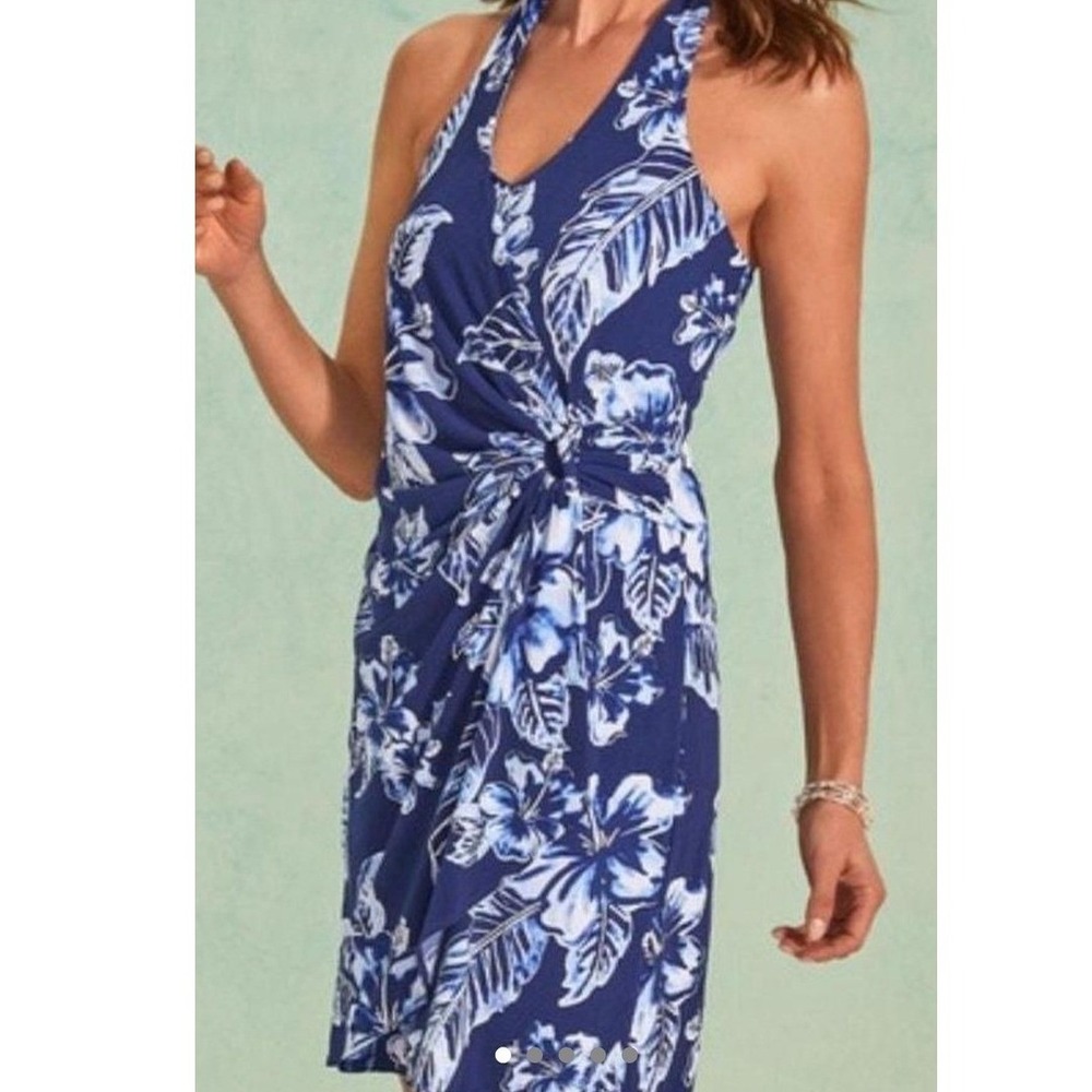 Tommy Bahama Blue White Floral Hibiscus Halter Dress Medium Side Ring Cowl Back